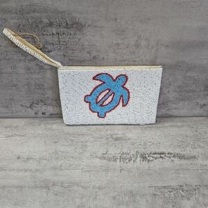Beaded Sea Turtle Blue Cream Wristlet Clutch Purse Wallet